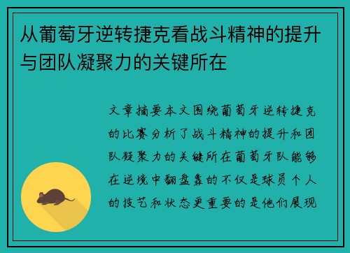 从葡萄牙逆转捷克看战斗精神的提升与团队凝聚力的关键所在