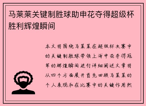 马莱莱关键制胜球助申花夺得超级杯胜利辉煌瞬间