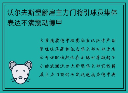 沃尔夫斯堡解雇主力门将引球员集体表达不满震动德甲